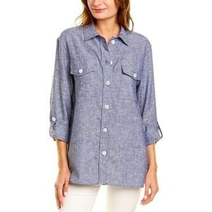 Jones New York Women's Rolled Tab Linen-Blend Button Down Shacket Top Sz L Blue